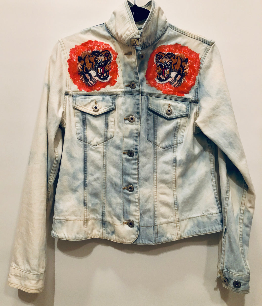 Unique Original One of a Kind Hand Dyed Bleached Painted and Appliquéd EYE OF THE TIGER Denim Jacket - HYLAN SHOOB