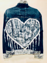 Load image into Gallery viewer, Unique Original One of a Kind Hand Painted Giant Silver Heart SPREAD LOVE Denim Jacket - HYLAN SHOOB
