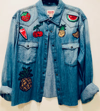 Load image into Gallery viewer, Unique Original One of a Kind Hand Appliquéd and Distressed FRUIT SALAD Denim Shirt - HYLAN SHOOB
