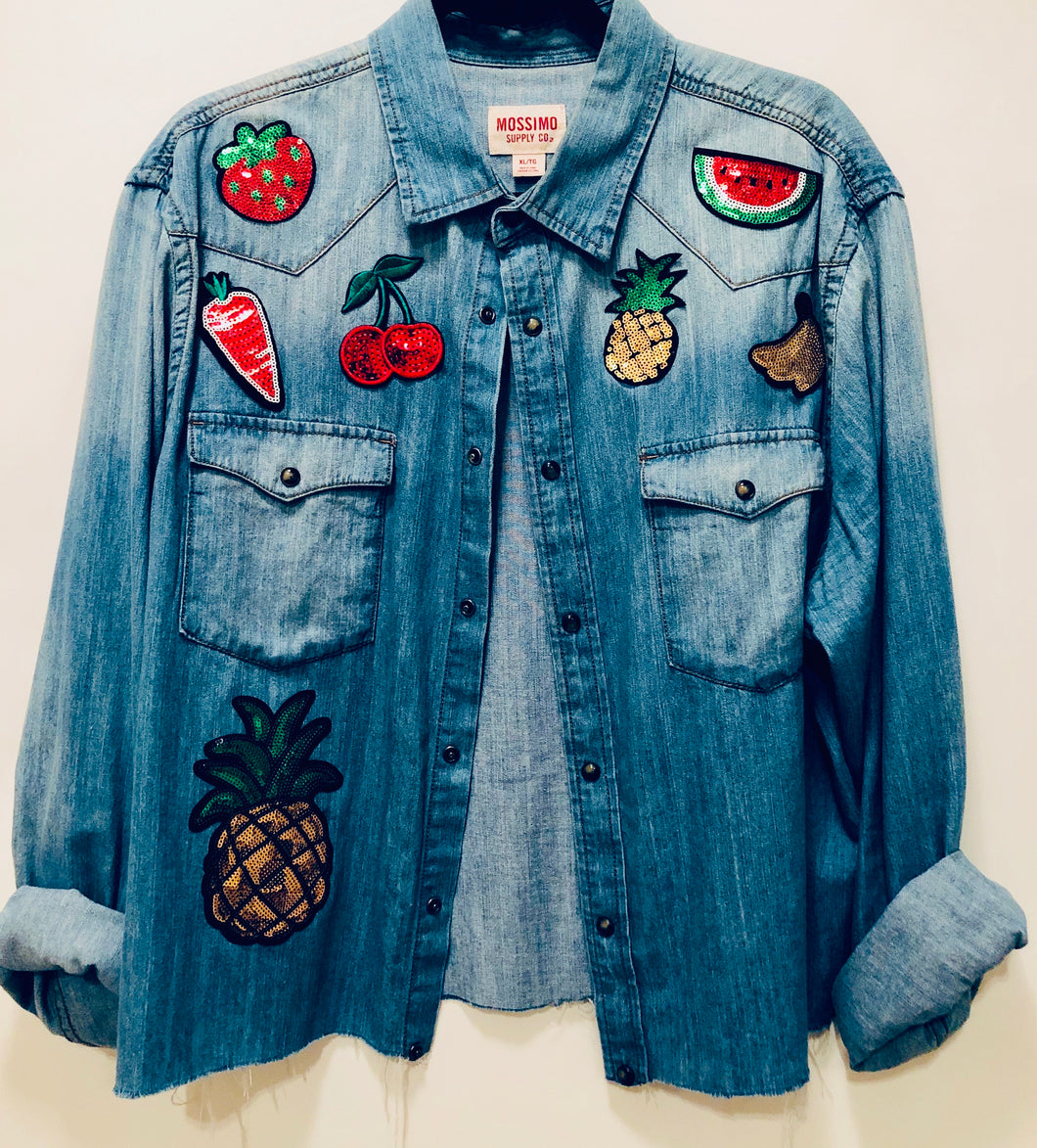 Unique Original One of a Kind Hand Appliquéd and Distressed FRUIT SALAD Denim Shirt - HYLAN SHOOB