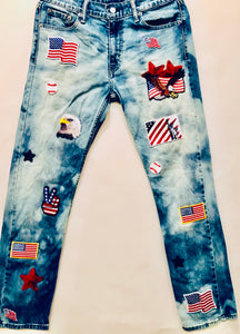 Unique Original One of a Kind Hand Bleached and Appliquéd PEACE Denim Jeans - HYLAN SHOOB