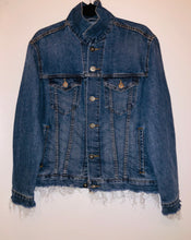 Load image into Gallery viewer, Unique Original One of a Kind Hand Hand Painted, Distressed and Frayed Raw Edge LOVE @6 FEET Denim Jacket - HYLAN SHOOB
