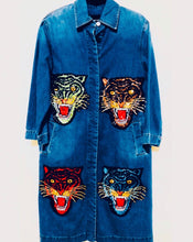 Load image into Gallery viewer, Unique Original One of a Kind Hand Appliquéd TIGERS TIGERS TIGERS Denim Coat - HYLAN SHOOB
