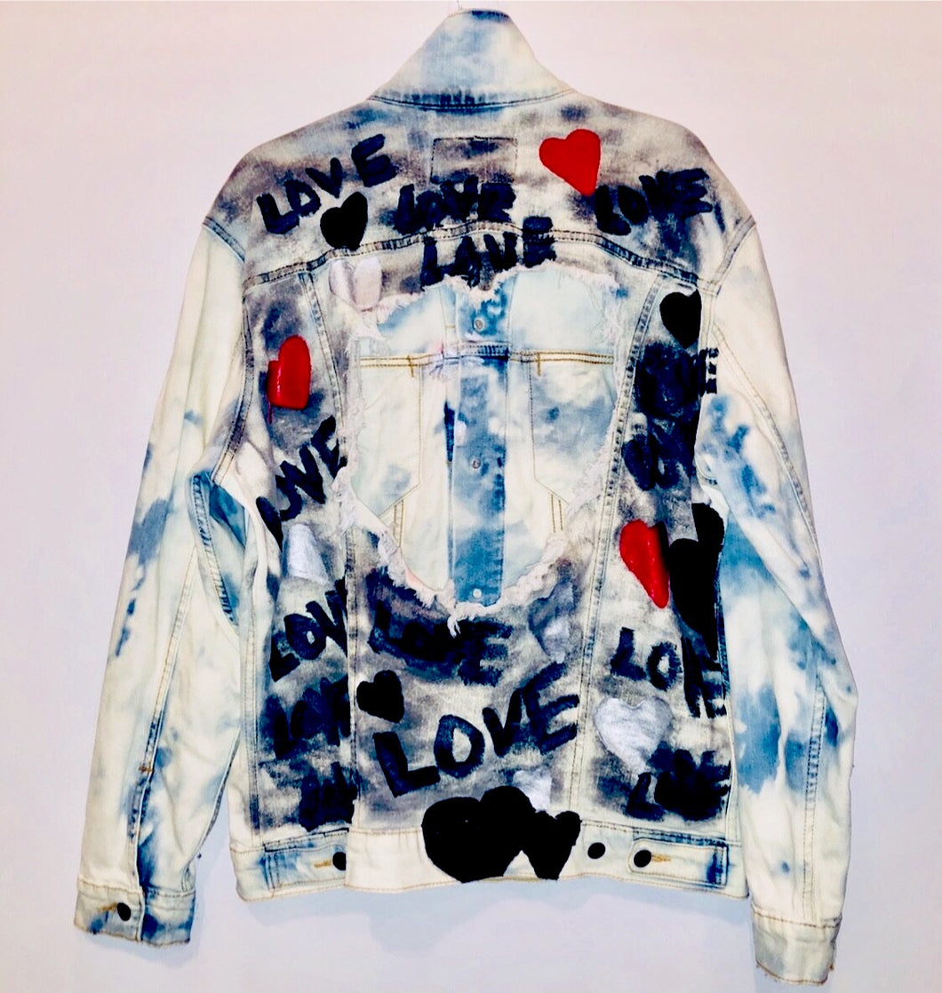 Unique Original One of a Kind Hand Painted and Distressed OPEN YOUR HEART Denim Jacket