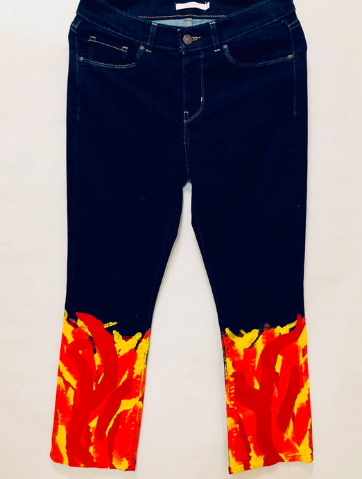 Unique Original One of a Kind Hand Painted HEARTS ON FIRE Denim Jeans - HYLAN SHOOB