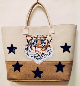 Unique Original One of a Kind Hand Appliquéd Canvas and Burlap Tote Bag - HYLAN SHOOB