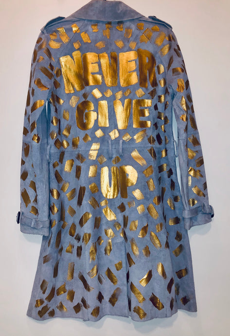 Unique Original One of a Kind Hand Painted NEVER GIVE UP Suede Trench Coat - HYLAN SHOOB