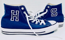 Load image into Gallery viewer, Unique Original One of a Kind Hand Appliquéd Monogram HS High Tops Upcycled High Top Sneakers - HYLAN SHOOB
