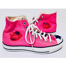 Load image into Gallery viewer, Unique Original One of a Kind Hand Appliquéd BE HAPPY High Top Sneakers - HYLAN SHOOB
