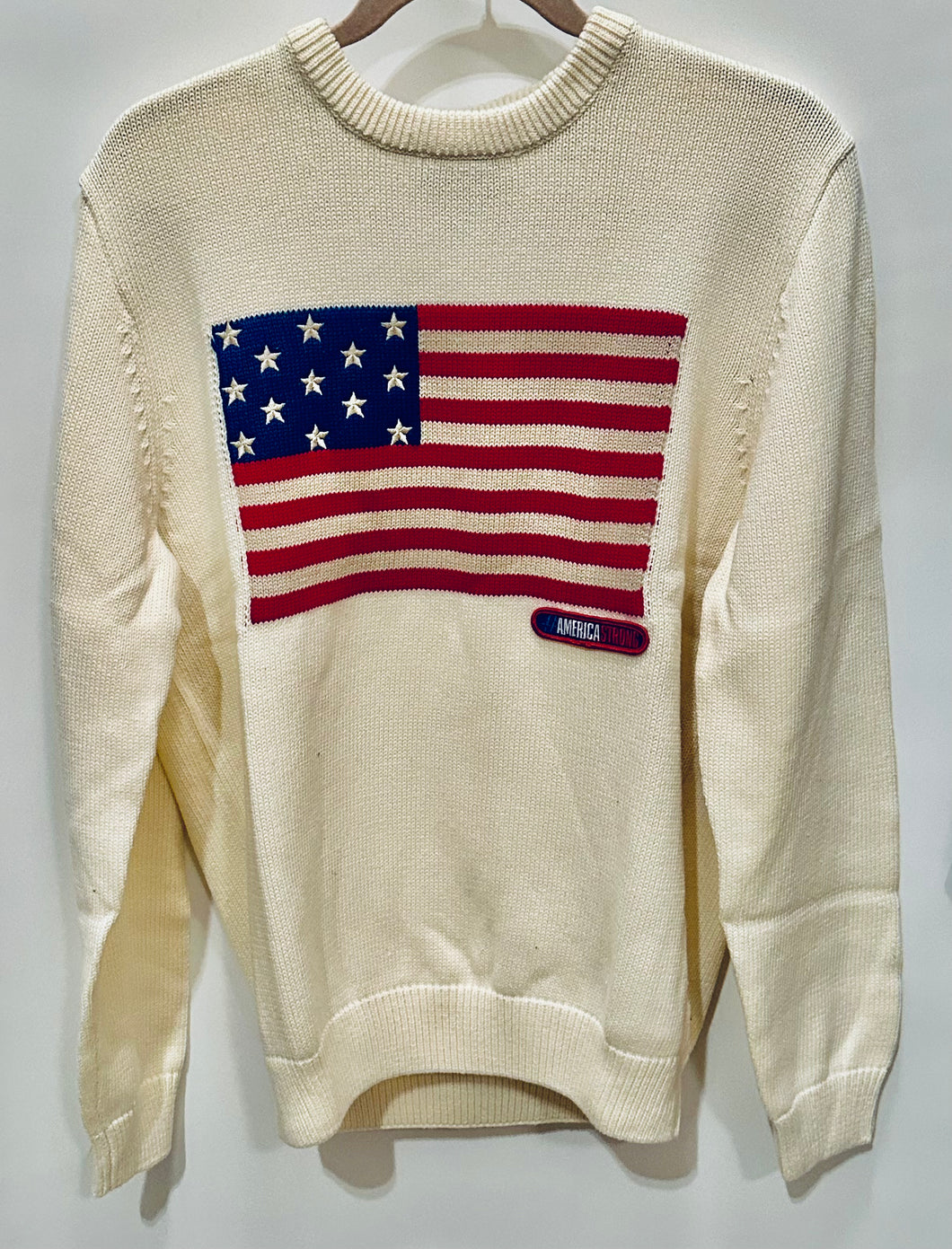 Unique Original One of a Kind Hand Appliquéd Cream #AMERICASTRONG American Flag 🇺🇸 Sweater