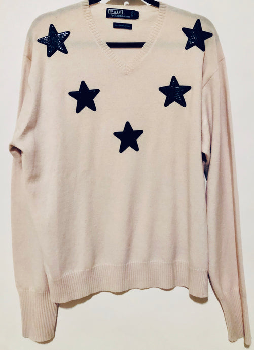 Unique Original One of a Kind Hand Appliquéd BLACK STARS Vintage Lambs Wool Sweater - HYLAN SHOOB