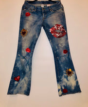 Load image into Gallery viewer, Unique Original One of a Kind Hand Dyed and Appliquéd ITS IN THE KISS Denim Jeans
