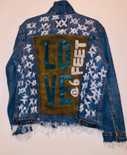 Load image into Gallery viewer, Unique Original One of a Kind Hand Hand Painted, Distressed and Frayed Raw Edge LOVE @6 FEET Denim Jacket - HYLAN SHOOB
