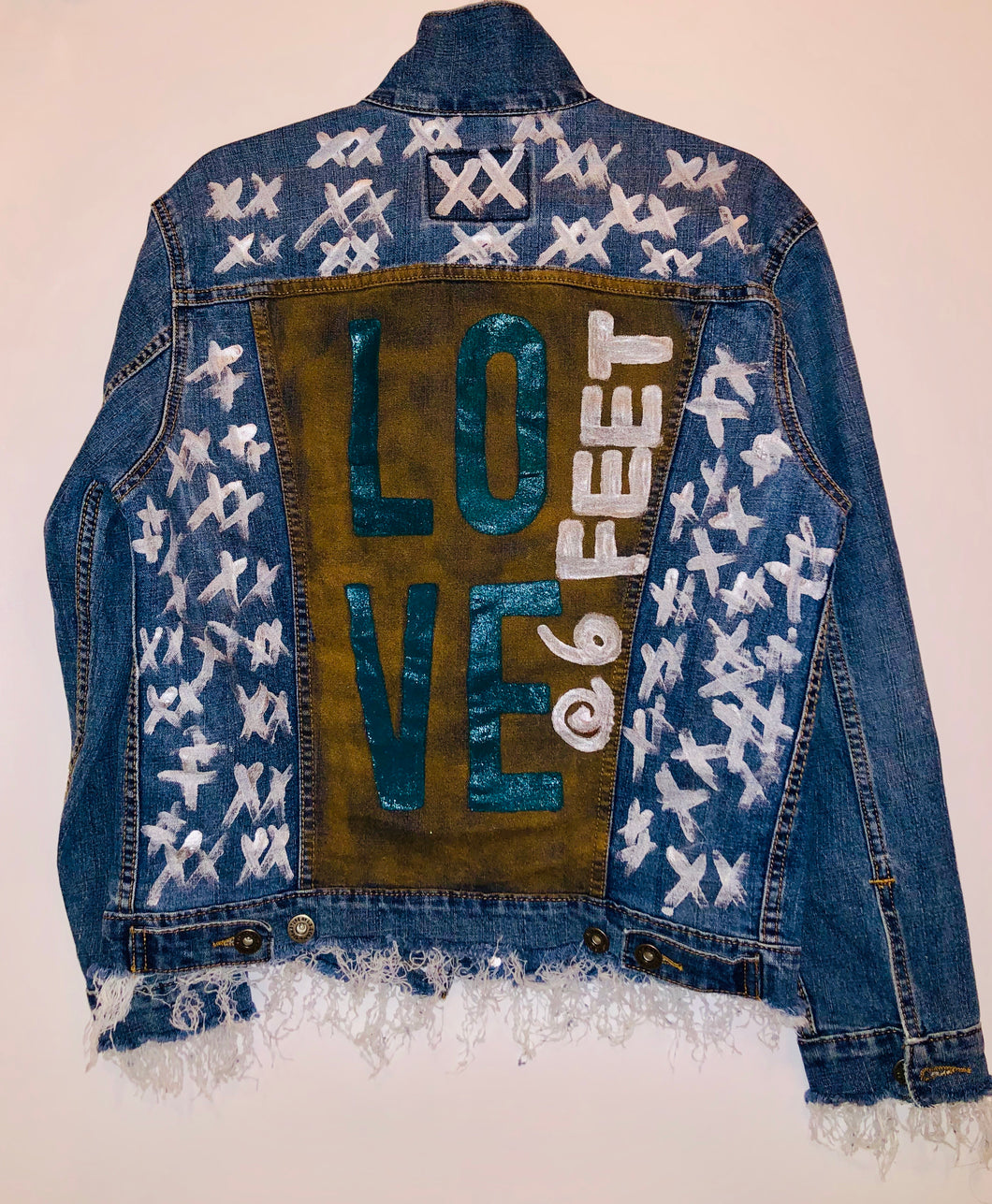 Unique Original One of a Kind Hand Hand Painted, Distressed and Frayed Raw Edge LOVE @6 FEET Denim Jacket - HYLAN SHOOB