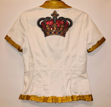 Load image into Gallery viewer, Unique Original One of a Kind Hand Appliquéd and Painted THE CROWN Short Sleeve Vintage Denim Jacket - HYLAN SHOOB
