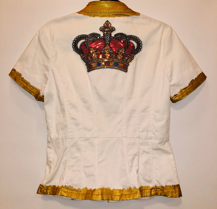 Unique Original One of a Kind Hand Appliquéd and Painted THE CROWN Short Sleeve Vintage Denim Jacket - HYLAN SHOOB