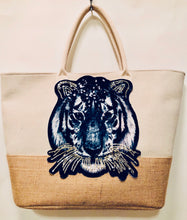 Load image into Gallery viewer, Unique Original One of a Kind Hand Appliquéd Canvas and Burlap Tote Bag - HYLAN SHOOB
