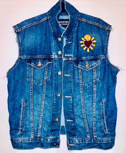 Unique Original One of a Kind Hand Painted and Appliquéd, Deconstructed and Distressed LOVE SHINES Denim Vest - HYLAN SHOOB