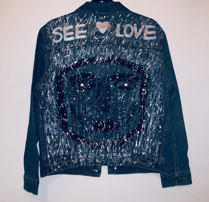 Unique Original One of a Kind Hand Painted Multicolor SEE LOVE Denim Jacket - HYLAN SHOOB