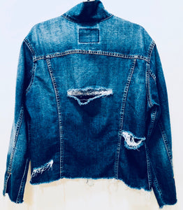 Unique Original One of a Kind Hand Bleached, Distressed, Frayed, and Ripped Raw Edge DECONSTRUCTED Denim Jacket - HYLAN SHOOB