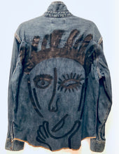 Load image into Gallery viewer, Unique Original One of a Kind Hand Painted and Distressed THE THINKER Vintage Denim Shirt - HYLAN SHOOB
