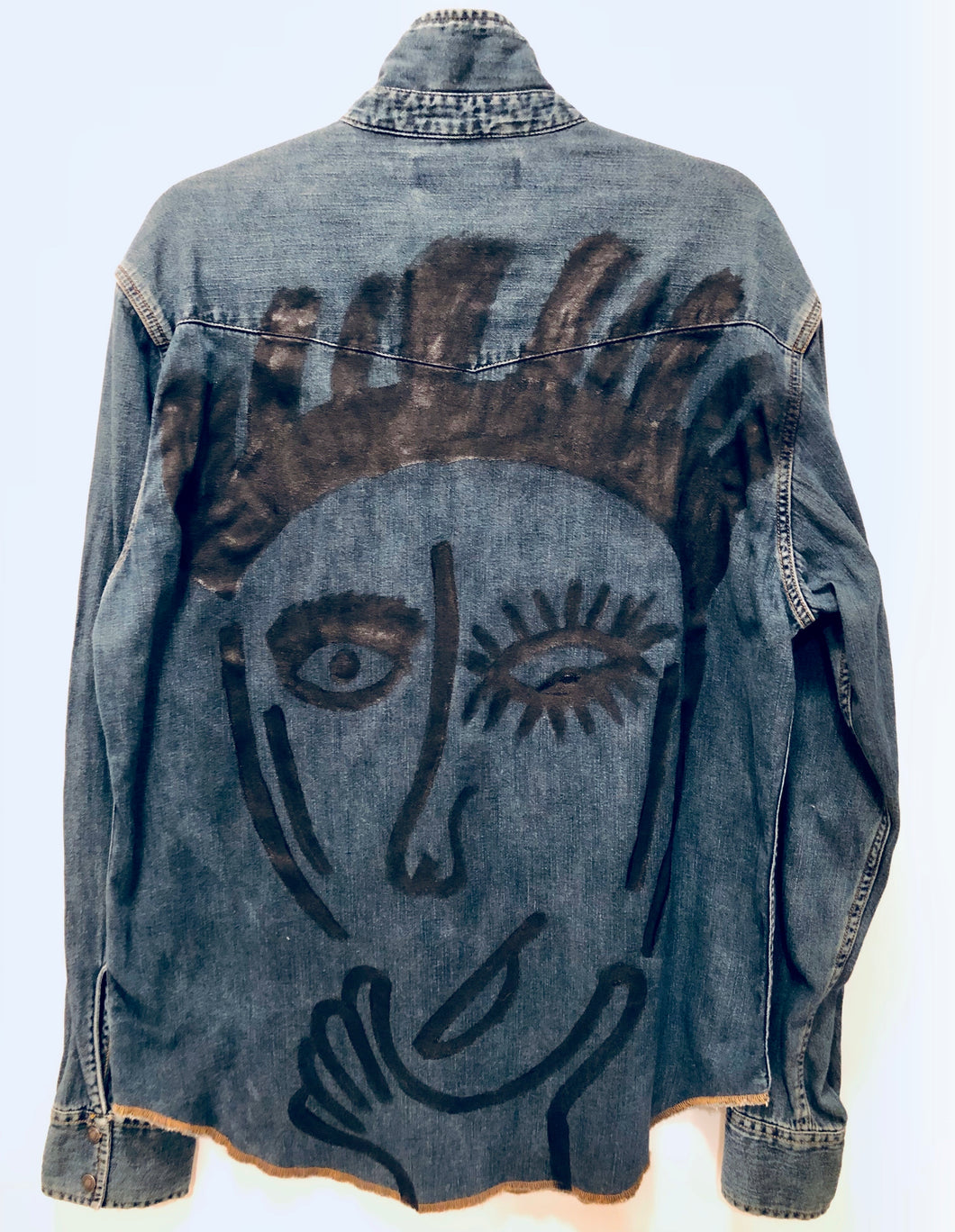 Unique Original One of a Kind Hand Painted and Distressed THE THINKER Vintage Denim Shirt - HYLAN SHOOB