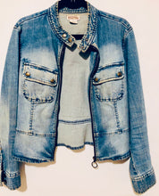 Load image into Gallery viewer, Unique Original One of a Kind Hand Appliquéd and Distressed THE WHITE CROWN Denim Jacket - HYLAN SHOOB
