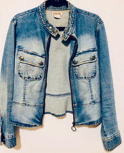 Unique Original One of a Kind Hand Appliquéd and Distressed THE WHITE CROWN Denim Jacket - HYLAN SHOOB