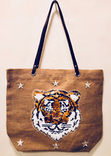 Load image into Gallery viewer, Unique Original One of a Kind Hand Appliquéd Sequin THE TIGER Burlap Tote Bag. - HYLAN SHOOB
