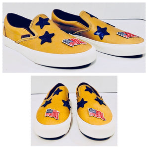 Unique Original One of a Kind Hand Appliquéd STARS AND STRIPES Slip On Sneakers - HYLAN SHOOB