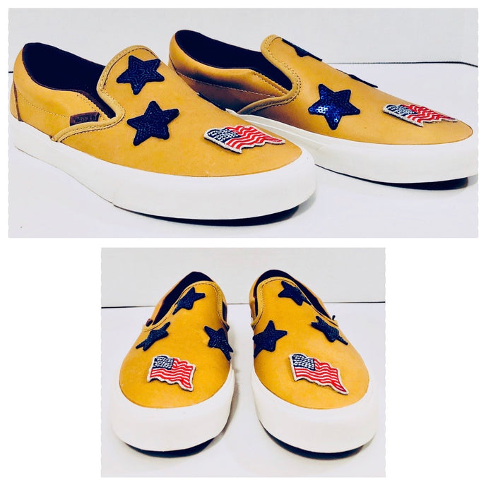 Unique Original One of a Kind Hand Appliquéd STARS AND STRIPES Slip On Sneakers - HYLAN SHOOB