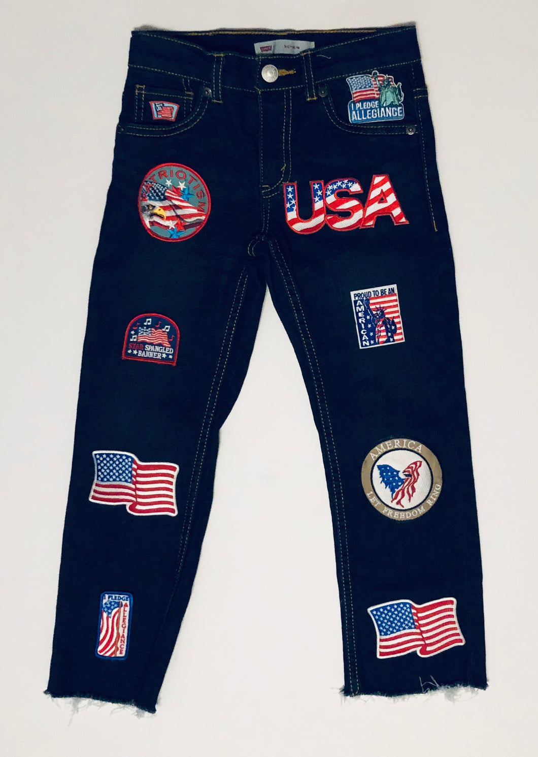 Unique Original One of a Kind Hand Appliquéd Raw Edge USA Children's Denim Jeans - HYLAN SHOOB