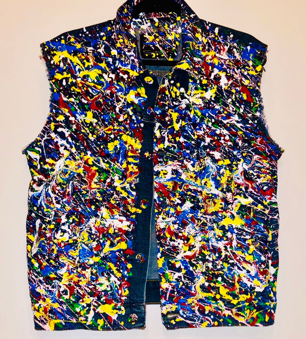 Unique Original One of a Kind Hand Painted, Deconstructed and Distressed COLORS OF LOVE Denim Vest - HYLAN SHOOB