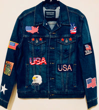 Load image into Gallery viewer, Unique Original One of a Kind Hand Appliquéd AMERICA Denim Jacket - HYLAN SHOOB
