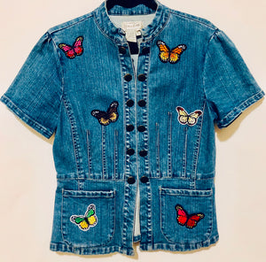 Unique Original One of a Kind Hand Appliquéd THE BUTTERFLIES Short Sleeve Denim Jacket - HYLAN SHOOB